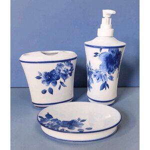 Cracker Barrel 3 Piece Blue White Porcelain Bathroom Set Floral Cottage